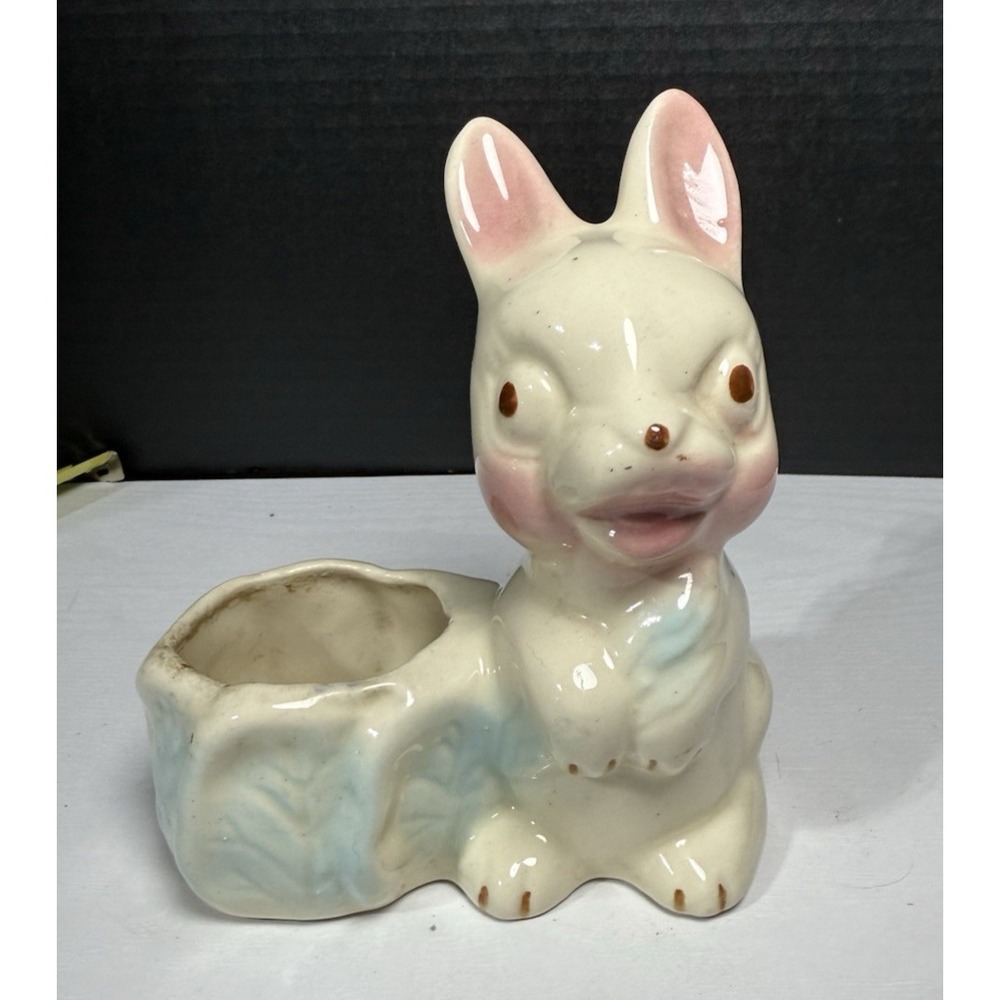 Vintage Mid Century Modern 6" Hand Painted Ceramic Pottery Bunny Rabbit Planter
